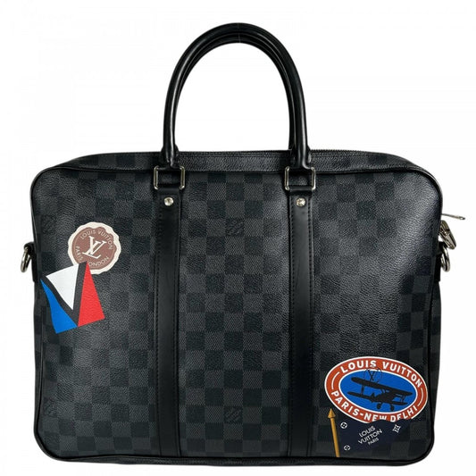 LOUIS VUITTON ルイヴィトン ハンドバッグ トラベルステッカー N41053 ダミエキャンバス ブラック 黒 シルバー金具 メンズ【中古品】