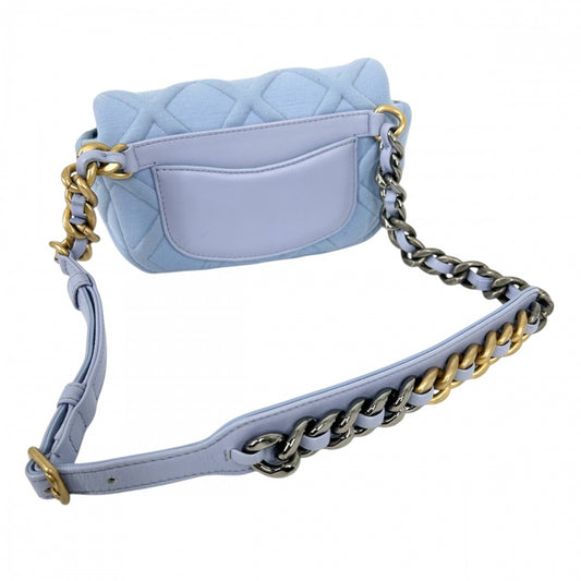 【開店SALE】 CHANEL シャネル ウエストバッグ シャネル19 ウエストポーチ ココマーク 小さめ かばん 鞄 ラムスキン コットンジャージー ブルー 青 ゴールド×シルバー金具 レディース【中古品】