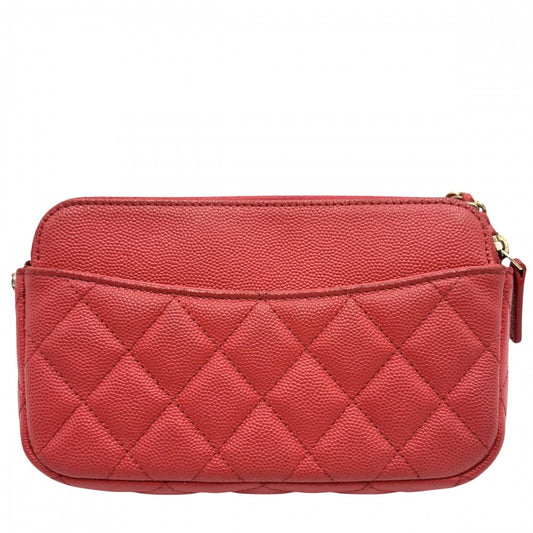 CHANEL シャネル チェーンウォレット マトラッセ ショルダーポーチ ココマーク ココ 小さめ 鞄 かばん キャビアスキン レッド系 ゴールド金具 レディース【中古品】