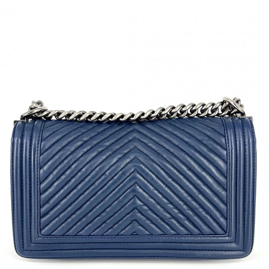 CHANEL シャネル ショルダーバッグ ココマーク ボーイシャネル チェーン シェブロン レザー ネイビー 紺 シルバー金具 レディース【中古品】