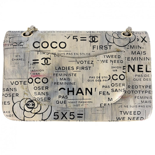 【開店SALE】 CHANEL シャネル ショルダーバッグ ニュースペーパー プリント ダブルチェーン ダブルフラップ ターンロック ハンドバッグ ココ 鞄 かばん レザー ベージュ マルチカラー シルバー金具 レディース【中古品】