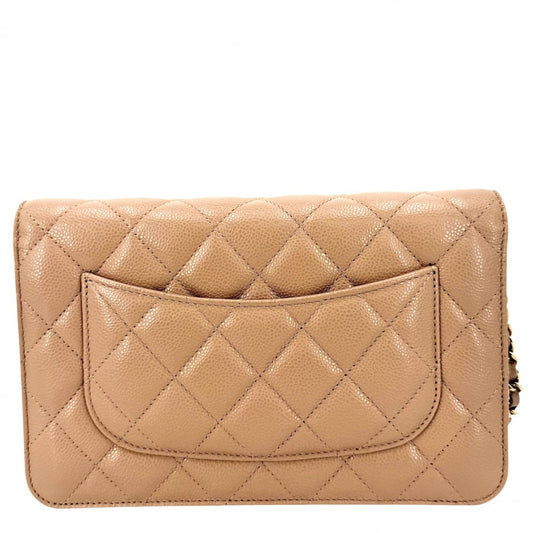 【開店SALE】 CHANEL シャネル チェーンウォレット マトラッセ ココマーク ショルダーバッグ キャビアスキン ベージュ系 ゴールド金具 レディース【中古品】
