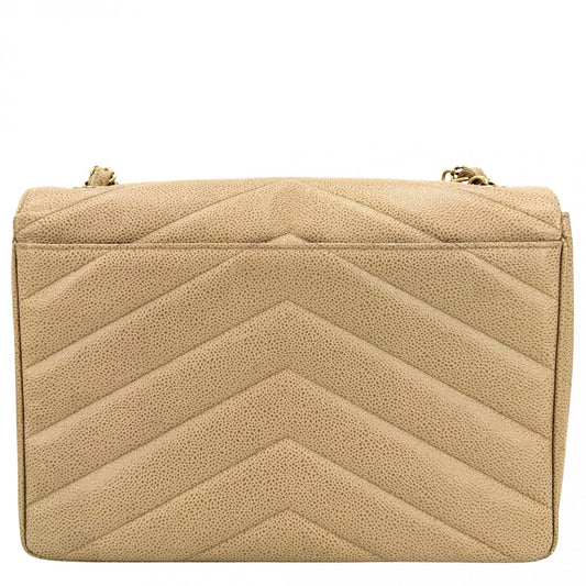 CHANEL シャネル ショルダーバッグ ココマーク ターンロック Vステッチ シェブロン キャビアスキン ベージュ ゴールド金具 レディース【中古品】