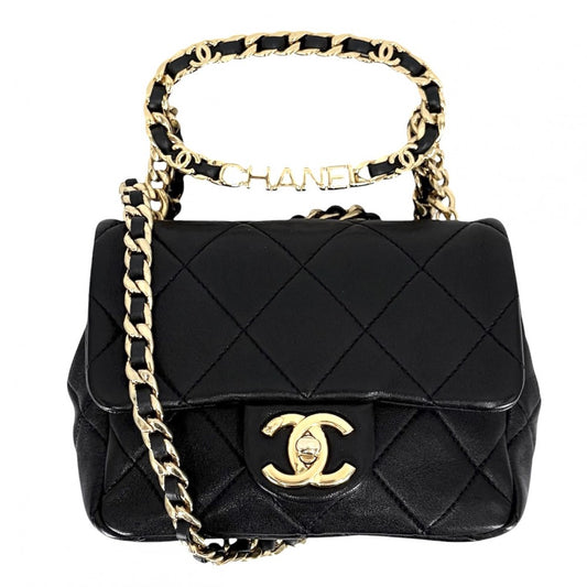 CHANEL シャネル ショルダーバッグ ミニマトラッセ チェーン ターンロック Mini Matelasse トップハンドル ココマーク ラムスキン ブラック 黒 ゴールド金具 レディース【中古品】