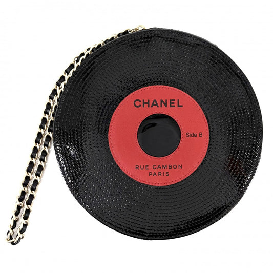 CHANEL シャネル クラッチバッグ レコード チェーン ポーチ パテントレザー ブラック 黒 ゴールド金具 レディース【中古品】