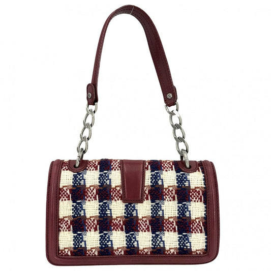 CHANEL シャネル ショルダーバッグ ココマーク チェック ハンドバッグ ツイード レザー レッド 赤 シルバー金具 レディース【中古品】