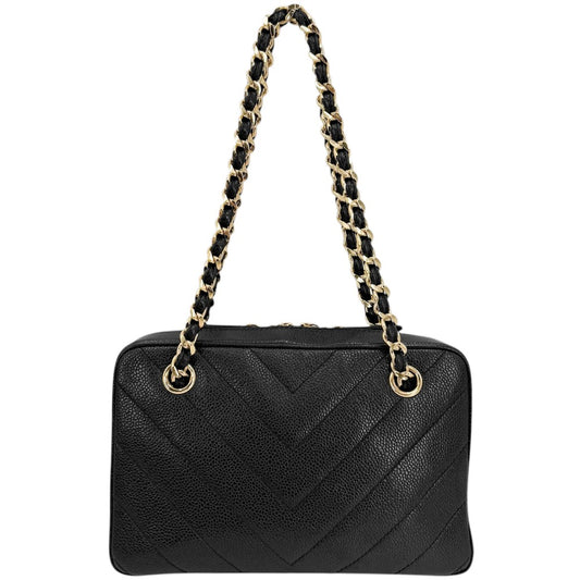 【開店SALE】 CHANEL シャネル ショルダーバッグ シェブロン Vステッチ ココマーク チェーンショルダー キャビアスキン ブラック 黒 ゴールド金具 レディース【中古品】