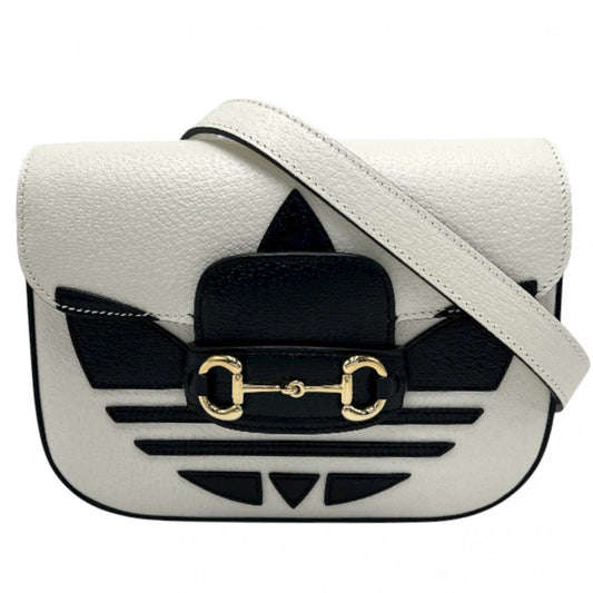 GUCCI グッチ 2WAY アディダスコラボ ホースビット1995 ハンドバッグ ショルダーバッグ adidas シェリーライン 658574 レザー ホワイト 白 ブラック 黒 ゴールド金具 レディース【中古品】