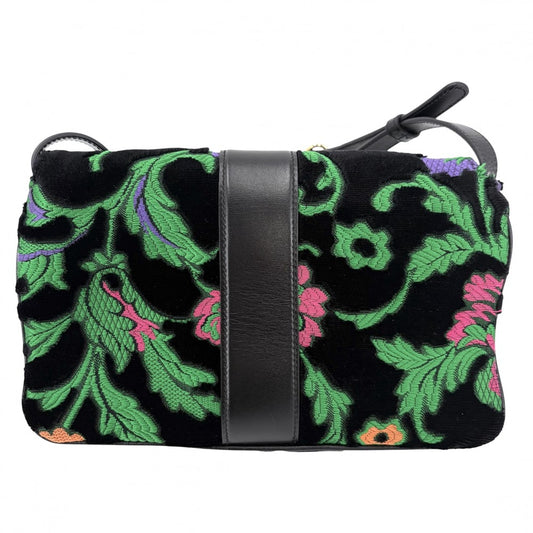 GUCCI グッチ ショルダーバッグ GGマーモント アリー 刺繍 550129 ベロア レザー ブラック 黒 グリーン 緑 ゴールド金具 レディース【中古品】