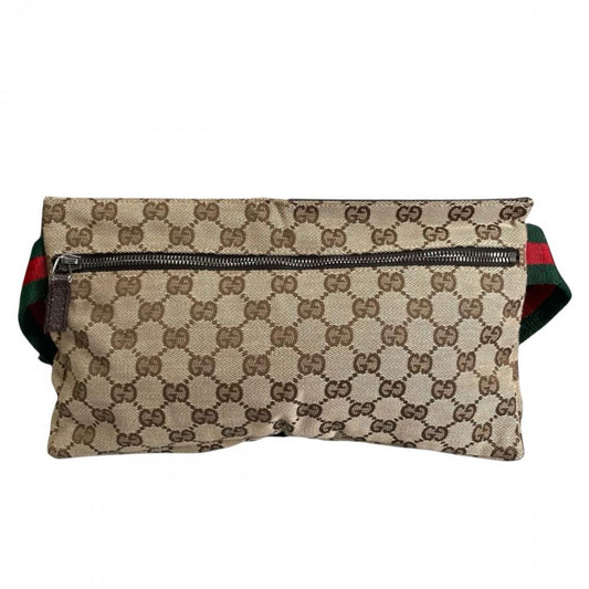 GUCCI グッチ ウエストバッグ シェリーライン ウエストポーチ 28566 GGキャンバス レザー ベージュ シルバー金具 メンズ【中古品】
