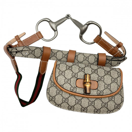 GUCCI グッチ ウエストバッグ バンブー ボディバッグ ウエストポーチ 鞄 かばん 681137 GGスプリームキャンバス レザー ベージュ ブラウン 茶 シルバー金具 メンズ【中古品】