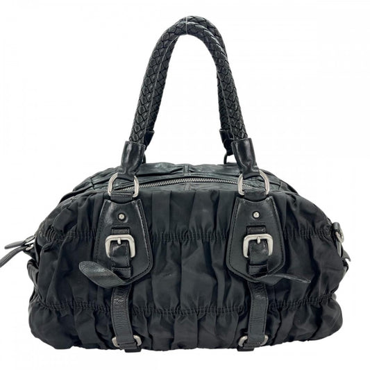 PRADA プラダ ハンドバッグ 三角プレート ロゴ 編み込みハンドル ギャザー レザー ブラック 黒 シルバー金具 レディース【中古品】