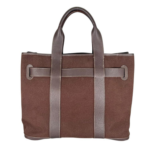 HERMES エルメス トートバッグ プティットサンチュールMM ビジネスバッグ □J刻印 キャンバス レザー ブラウン 茶 シルバー金具 レディース 2006年【中古品】