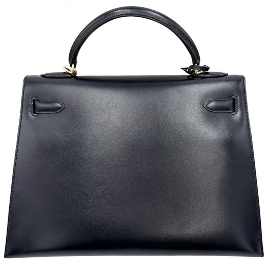 HERMES エルメス 2WAY ケリー32 外縫い ハンドバッグ ショルダーバッグ □F刻印 ボックスカーフ ネイビー 紺 ゴールド金具 レディース 2002年【中古品】