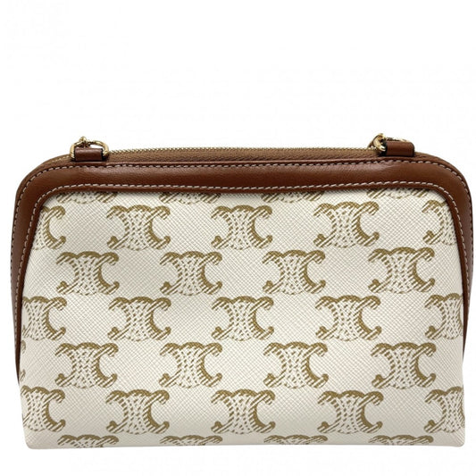 CELINE セリーヌ ショルダーバッグ トリオンフ チェーン付きクラッチ PVCコーティングキャンバス レザー ホワイト 白 ゴールド金具 レディース【中古品】
