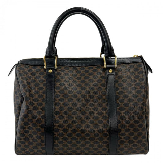 CELINE セリーヌ ハンドバッグ オールドセリーヌ マカダム ミニボストン PVCコーティングキャンバス レザー ブラック 黒 ブラウン 茶 ゴールド金具 レディース【中古品】