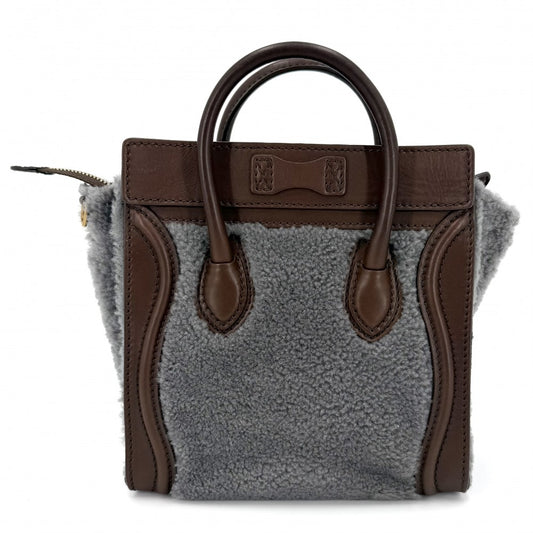 【開店SALE】 CELINE セリーヌ 2WAY ラゲージナノショッパー ボア ショルダーバッグ ハンドバッグ レザー ムートン ブラウン 茶 グレー ゴールド金具 レディース【中古品】