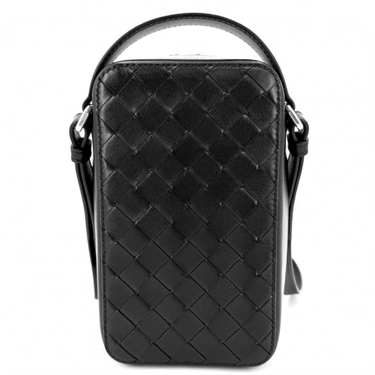 【開店SALE】 BOTTEGAVENETA ボッテガヴェネタ 2WAY イントレチャート ゲッタウェイ フォンポーチ ミニハンドバッグ ショルダーバッグ 826829 レザー ブラック 黒 シルバー金具 ユニセックス【中古品】