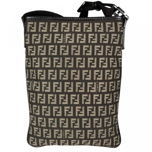 FENDI フェンディ ショルダーバッグ キャンバス レザー ブラウン 茶 シルバー金具 メンズ【中古品】