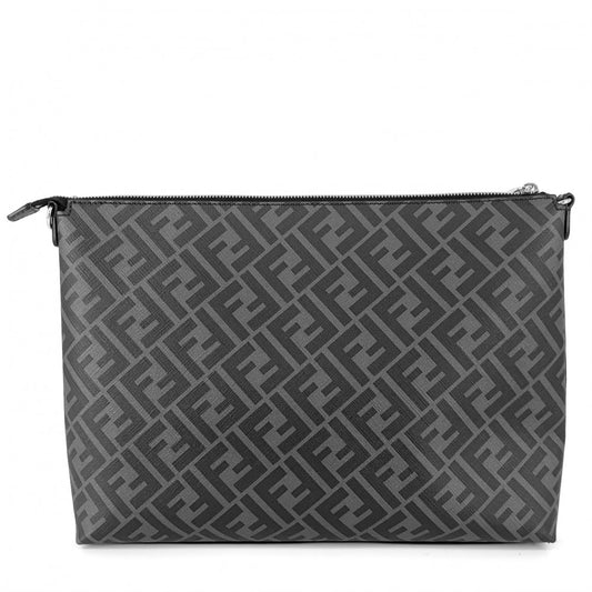 FENDI フェンディ ショルダーバッグ ダイアゴナルメッセンジャーバッグ FF セカンドバッグ 2WAY 7VA470 レザー グレー イエロー シルバー金具 メンズ【中古品】