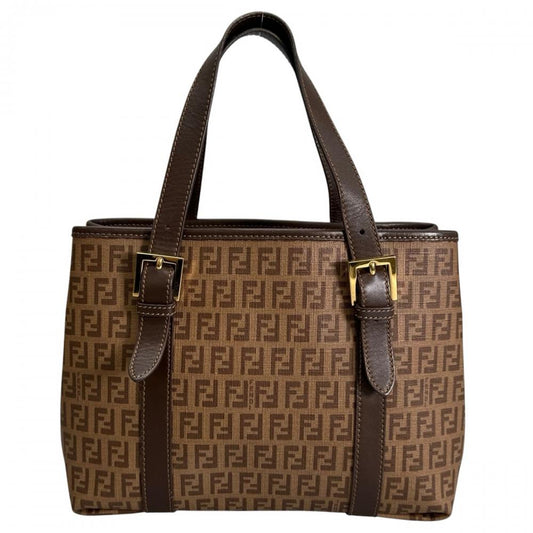 FENDI フェンディ ハンドバッグ ズッキーノ ダブルレザーハンドル 8BH237 PVCコーティングキャンバス ブラウン 茶 ゴールド金具 レディース【中古品】