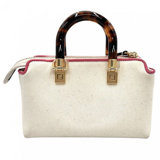 【開店SALE】 FENDI フェンディ 2WAY バイザウェイミニ ハンドバッグ ショルダーバッグ 小さめ 鞄 かばん 8BS067 キャンバス レザー アイボリー ピンク ゴールド金具 レディース【中古品】
