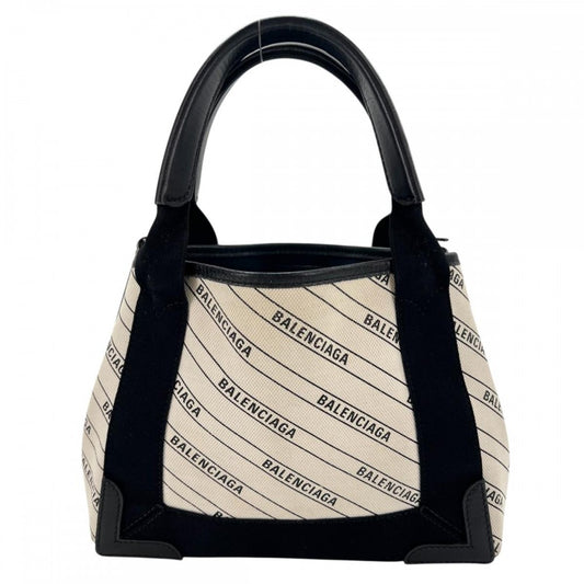 【開店SALE】 BALENCIAGA バレンシアガ 2WAY ネイビーカバス ハンドバッグ ショルダーバッグ XS 総柄 レザー ホワイト 白 ブラック 黒 シルバー金具 レディース【中古品】