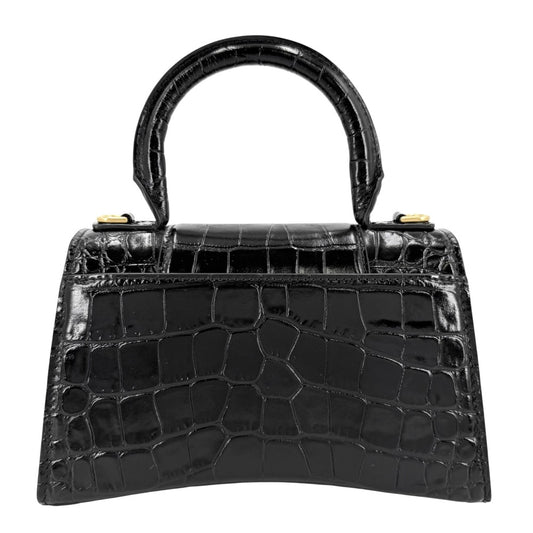 【開店SALE】 BALENCIAGA バレンシアガ 2WAY アワーグラス XS ハンドバッグ ショルダーバッグ HOURGLASS クロコ型押し トップハンドル 592833 カーフスキン ブラック 黒 アンティークゴールド金具 レディース【中古品】