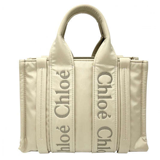 【開店SALE】 Chloe クロエ 2WAY WOODY ウッディスモールトートバッグ ミニハンドバッグ ショルダーバッグ ベージュ アイボリー CHC23WS397L4122M ナイロン Dusty Ivory ゴールド金具 レディース【中古品】