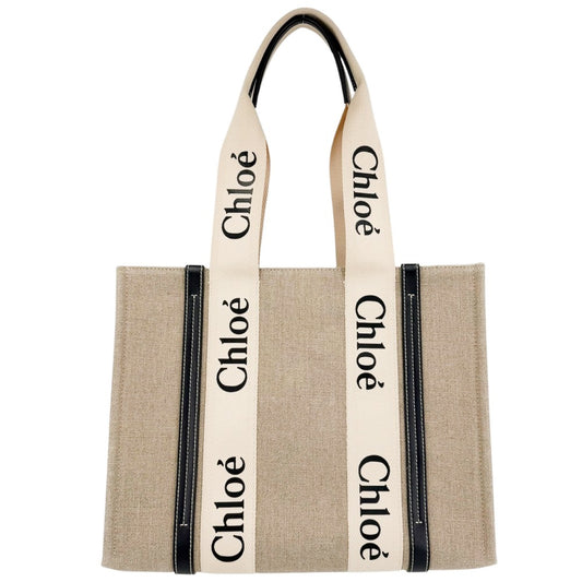 Chloe クロエ ハンドバッグ ウッディ ミディアムトートバッグ WOODY CHC22AS383I269101 リネンキャンバス カーフスキン ベージュ ブラック 黒 レディース【中古品】