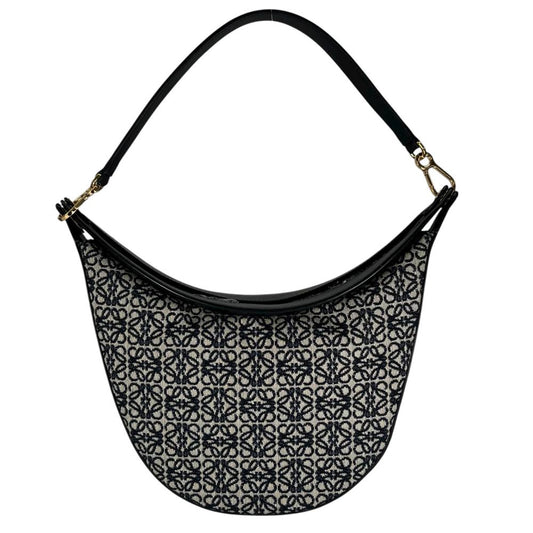 【開店SALE】 LOEWE ロエベ ハンドバッグ ルナ アナグラム ハーフムーン 総柄 ワンショルダー アナグラムジャガード カーフスキン ブラック 黒 ネイビー 紺 ゴールド金具 レディース【中古品】