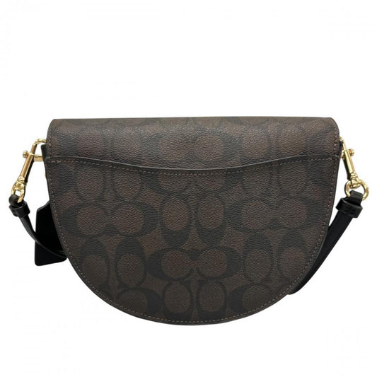 COACH コーチ ショルダーバッグ シグネチャー エレン ハーフムーン C1430 PVCコーティングキャンバス ブラウン 茶 ゴールド金具 レディース【中古品】
