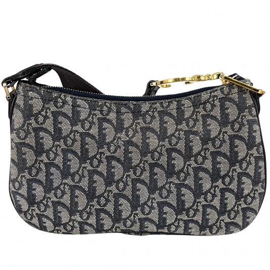 Christian Dior クリスチャンディオール ショルダーバッグ トロッター サドルバッグ キャンバス レザー ネイビー 紺 ゴールド金具 レディース【中古品】
