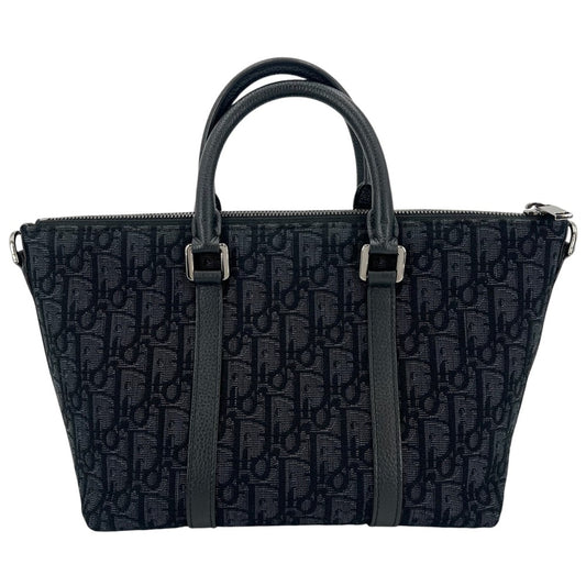 Christian Dior クリスチャンディオール 2WAY オブリーク ウィークエンダー25 ハンドバッグ ショルダーバッグ キャンバス レザー ネイビー 紺 ゴールド金具 レディース【中古品】