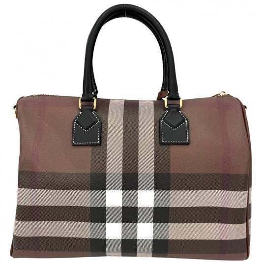 【開店SALE】 BURBERRY バーバリー 2WAY ミディアム チェック ボウリングバッグ ハンドバッグ ショルダーバッグ ミニボストンバッグ レザー ブラウン 茶 ブラック 黒 ゴールド金具 レディース【中古品】