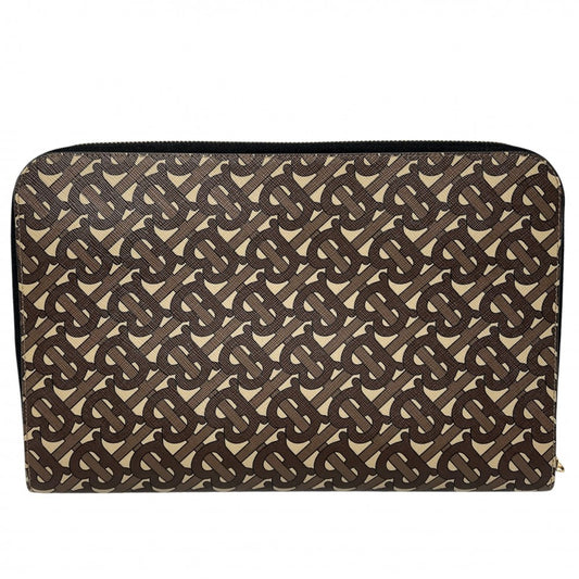 【開店SALE】 BURBERRY バーバリー クラッチバッグ TBロゴ セカンドバッグ 総柄 PVCコーティングキャンバス レザー ブラウン 茶 ベージュ ゴールド金具 メンズ【中古品】