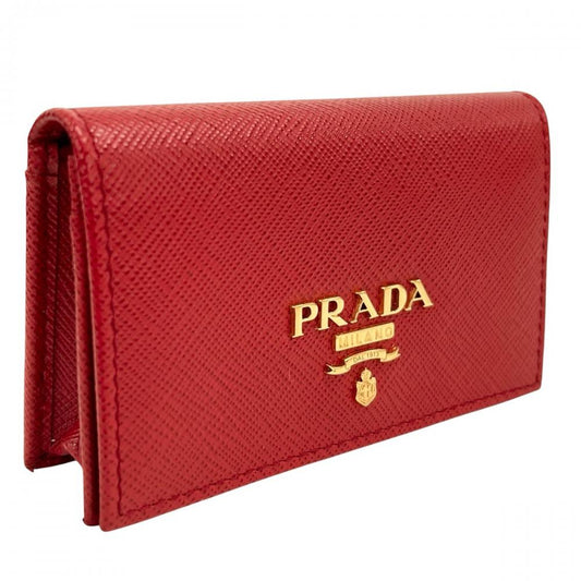 PRADA プラダ カードケース サフィアーノ ロゴプレート 名刺入れ 1MC122 レザー レッド 赤 ゴールド金具 レディース 約155g【中古品】
