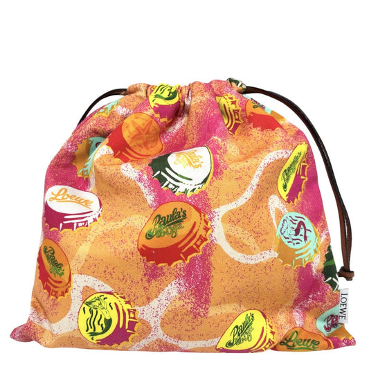 LOEWE ロエベ ポーチ パウラズイビザ ドローストリングポーチ 巾着袋 DRAWSTRING POUCH C822057X12 コットン レザー オレンジ マルチカラー レディース【中古品】