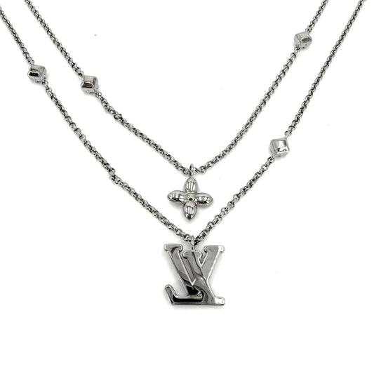 LOUIS VUITTON ルイヴィトン ネックレス チェーンモノグラム アクセサリー ラインストーン M02515 シルバー メンズ 約12.8g【中古品】