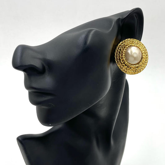CHANEL シャネル イヤリング チェーンデザイン ラウンド ココマーク ココ アクセサリー GP フェイクパール ゴールド ホワイト 白 レディース 約33.0g【中古品】