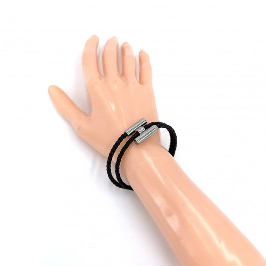 HERMES エルメス ブレスレット レザーブレスレット トゥルニ トレッセ コードブレスレット アクセサリー レザー ブラック 黒 シルバー金具 レディース 約11.1g【中古品】