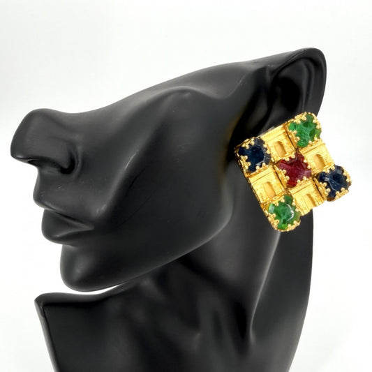 【開店SALE】 CELINE セリーヌ イヤリング 凱旋門 スクエア アクセサリー ヴィンテージ カラーストーン ゴールド レディース 約74.9g【中古品】