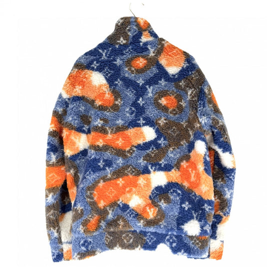 LOUIS VUITTON ルイヴィトン アウター モノグラム ジャガードカモフリースジャケット ボアジャケット ブルソン 服 S ブルー 青 オレンジ ゴールド金具 秋 冬 ポリエステル ウール メンズ【中古品】