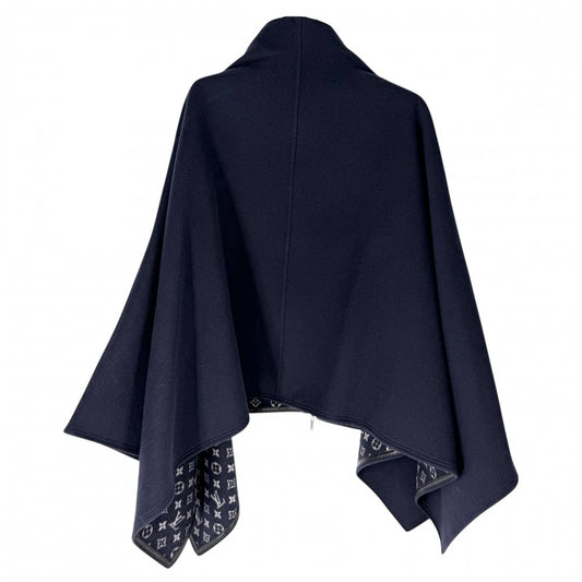 【開店SALE】 LOUIS VUITTON ルイヴィトン ポンチョ リバーシブル モノグラム アウター アパレル 服 34 ネイビー 紺 ブラック 黒 シルバー金具 秋 冬 ウール シルク レディース【中古品】