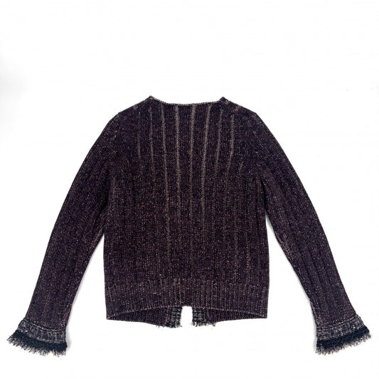 【開店SALE】 CHANEL シャネル ノーカラージャケット ツイード ニットジャケット アウター ヴィンテージ アパレル 服 ラインストーン ココボタン ラメ 42 パープル系 秋 冬 カシミヤ ナイロン ウール ポリエステル レディース 2005年【中古品】