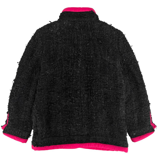 【開店SALE】 CHANEL シャネル ノーカラージャケット スタンドカラー グリポアボタン アパレル アウター 服 ヴィンテージ ジップジャケット 40 ブラック 黒 ピンク ゴールド金具 秋 冬 シルク レディース【中古品】