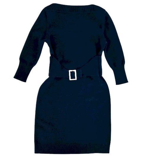CHANEL シャネル ワンピース ベルト付き 長袖 ニットワンピース アパレル 服 38 ネイビー 紺 ゴールド金具 秋 冬 ウール カシミヤ ナイロン スパンデックス レディース 2009年【中古品】