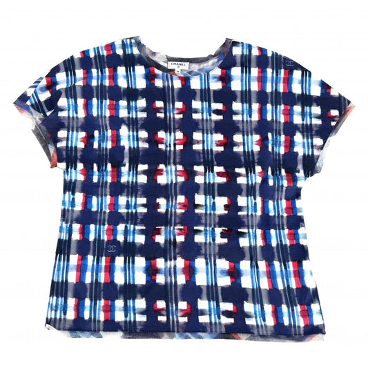 CHANEL シャネル 半袖シャツ チェック トップス レース ココマーク 服 アパレル 34 ブルー 青 ホワイト 白 夏 コットン レディース【中古品】