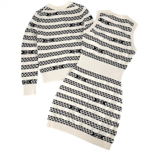 CHANEL シャネル セットアップ ココボタン ボーダー カーディガン ノースリーブワンピース ヴィンテージ アパレル 服 34 ホワイト 白 ブラック 黒 春 秋 カシミヤ レディース【中古品】