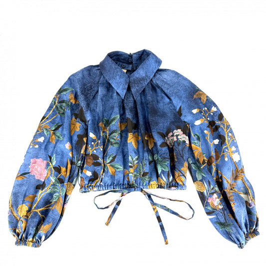 GUCCI グッチ 長袖シャツ ブラウス アパレル 総柄 トップス 服 38 ブルー 青 オレンジ 春 夏 シルク レディース【中古品】